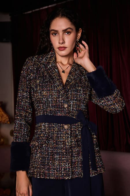 Label Deepika Nagpal_Blue Tweed, Crepe Fringe Kyleigh Blazer And Pant Set _Online_at_Aza_Fashions