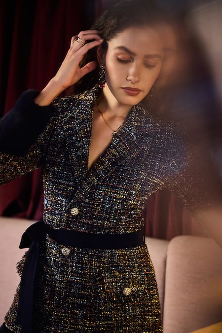 Buy_Label Deepika Nagpal_Blue Tweed, Crepe Fringe Kyleigh Blazer And Pant Set _Online_at_Aza_Fashions