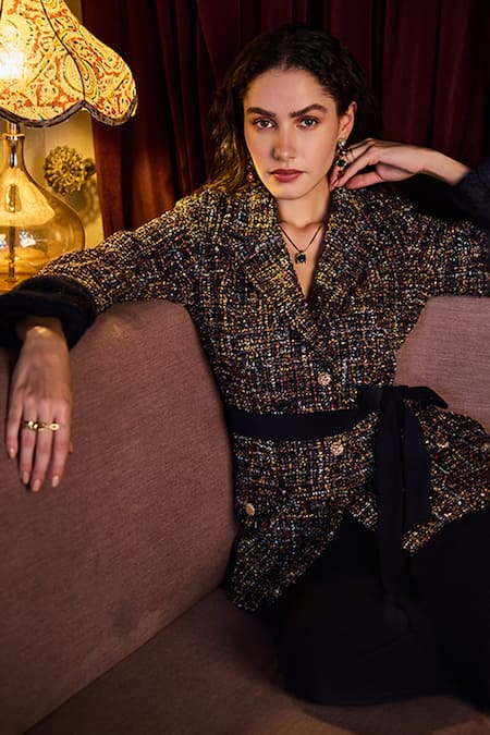 Shop_Label Deepika Nagpal_Blue Tweed, Crepe Fringe Kyleigh Blazer And Pant Set _Online_at_Aza_Fashions