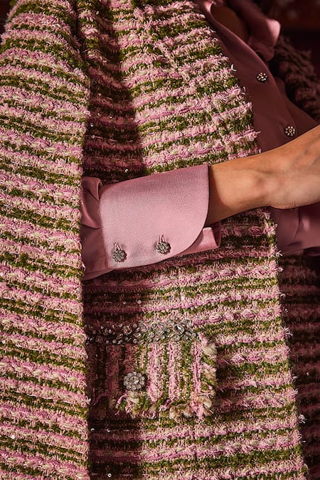 Buy_Label Deepika Nagpal_Pink Tweed Crystals, Fringe Collared Finley Cape And Skirt Set 