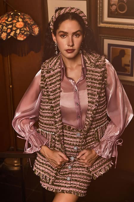 Label Deepika Nagpal_Pink Tweed, Organza Crystals, Fringe Collared Everett Gilet Skirt Set _Online_at_Aza_Fashions