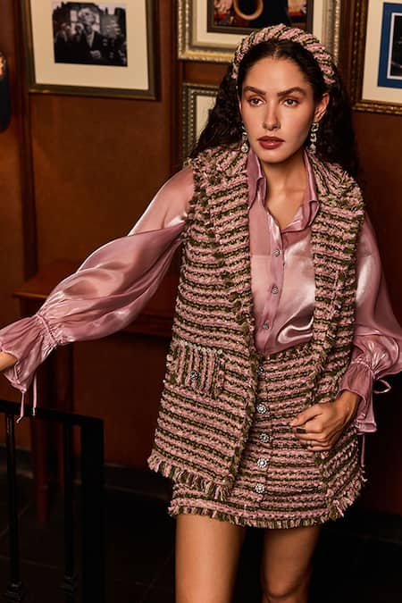 Buy_Label Deepika Nagpal_Pink Tweed, Organza Crystals, Fringe Collared Everett Gilet Skirt Set _Online_at_Aza_Fashions