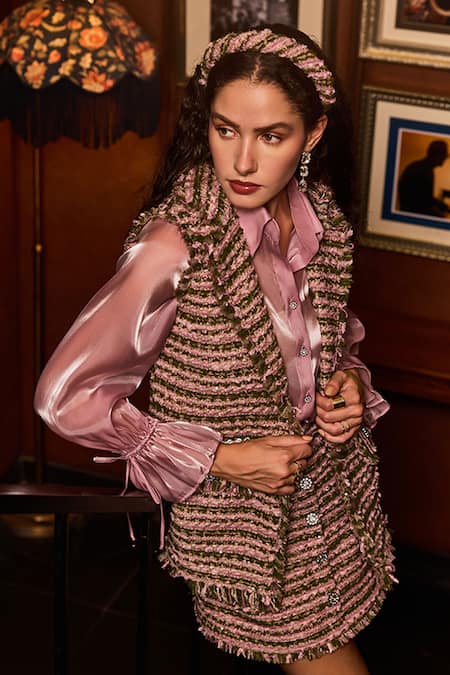 Shop_Label Deepika Nagpal_Pink Tweed, Organza Crystals, Fringe Collared Everett Gilet Skirt Set _Online_at_Aza_Fashions