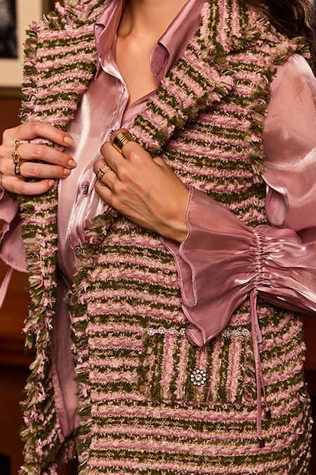 Label Deepika Nagpal_Pink Tweed, Organza Crystals, Fringe Collared Everett Gilet Skirt Set _at_Aza_Fashions