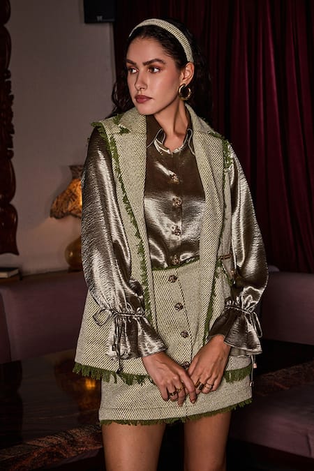 Buy_Label Deepika Nagpal_Green Tweed, Satin Fringe, Chains, Studs Everett Gilet Jacket Skirt Set _Online_at_Aza_Fashions