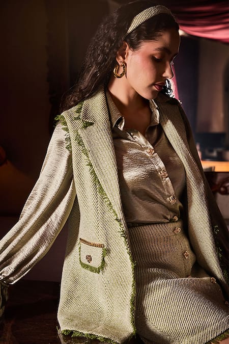 Shop_Label Deepika Nagpal_Green Tweed, Satin Fringe, Chains, Studs Everett Gilet Jacket Skirt Set _Online_at_Aza_Fashions