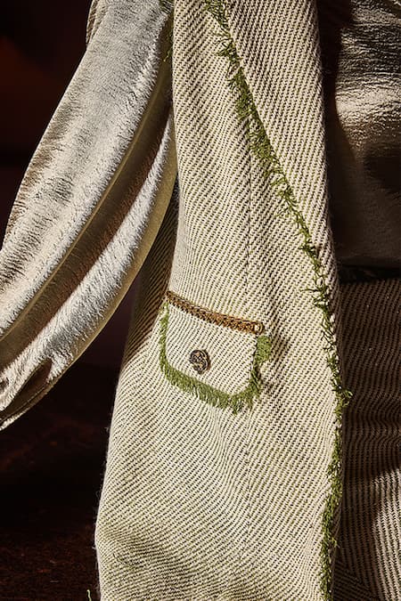 Label Deepika Nagpal_Green Tweed, Satin Fringe, Chains, Studs Everett Gilet Jacket Skirt Set _at_Aza_Fashions