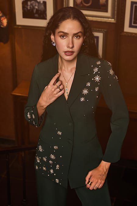 Label Deepika Nagpal_Green Crepe Crystals Chelsea Embellished Blazer And Pant Set _Online_at_Aza_Fashions