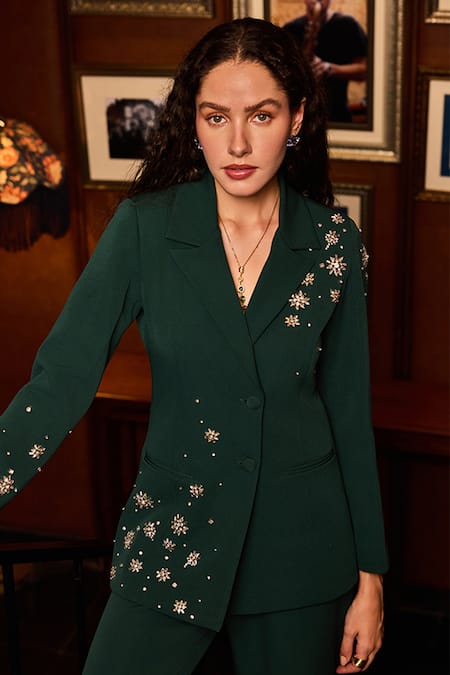 Buy_Label Deepika Nagpal_Green Crepe Crystals Chelsea Embellished Blazer And Pant Set _Online_at_Aza_Fashions