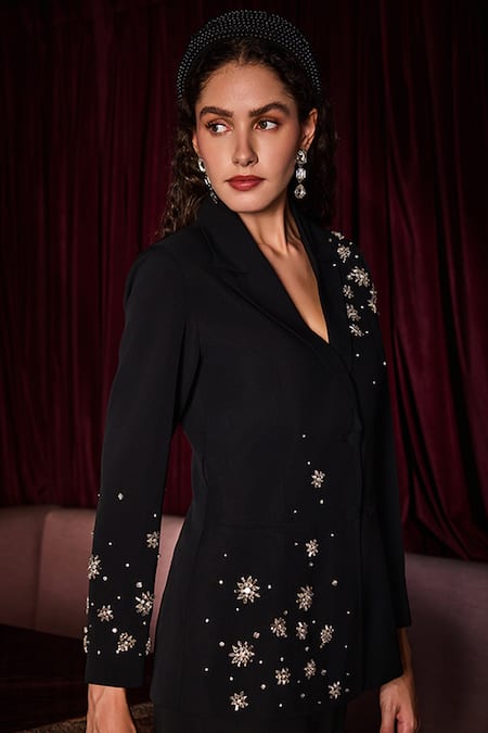 Label Deepika Nagpal_Black Crepe Crystals Chelsea Embellished Blazer And Pant Set _Online_at_Aza_Fashions
