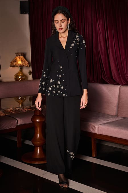 Buy_Label Deepika Nagpal_Black Crepe Crystals Chelsea Embellished Blazer And Pant Set _Online_at_Aza_Fashions