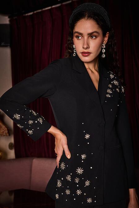 Shop_Label Deepika Nagpal_Black Crepe Crystals Chelsea Embellished Blazer And Pant Set _Online_at_Aza_Fashions