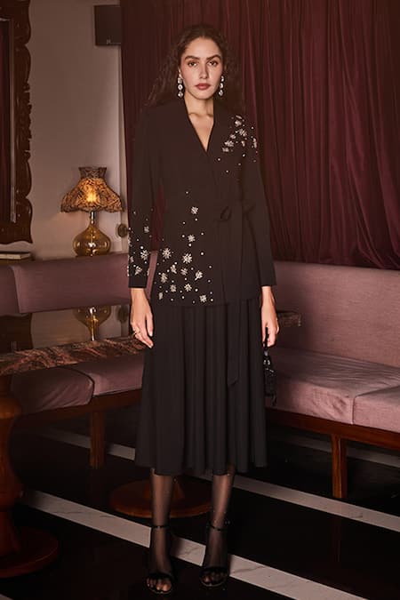 Label Deepika Nagpal_Black Crepe Crystals Odette Embellished Blazer With Skirt _Online_at_Aza_Fashions