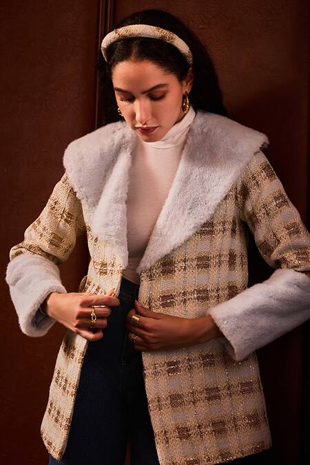 Label Deepika Nagpal_Beige Tweed Collared Heather Jacket With Belt _Online_at_Aza_Fashions