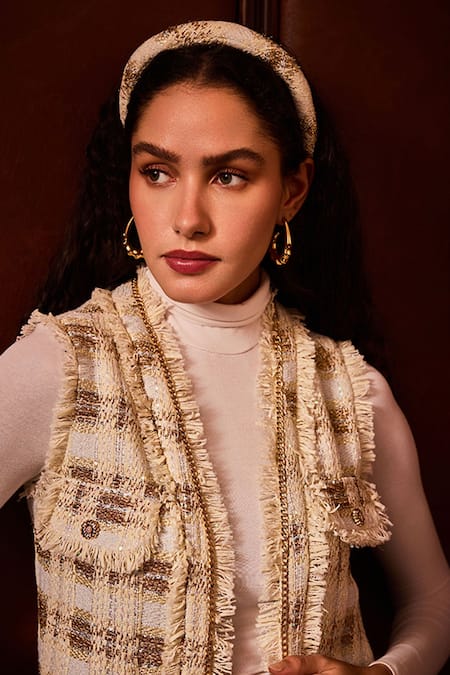 Label Deepika Nagpal_Beige Tweed Chains, Fringe, Metallic Thread Open Neck Addison Long Jacket _Online_at_Aza_Fashions