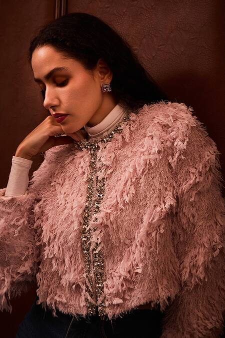 Label Deepika Nagpal_Pink Crystals, Beads Round Neck Layla Faux Fur Jacket _Online_at_Aza_Fashions
