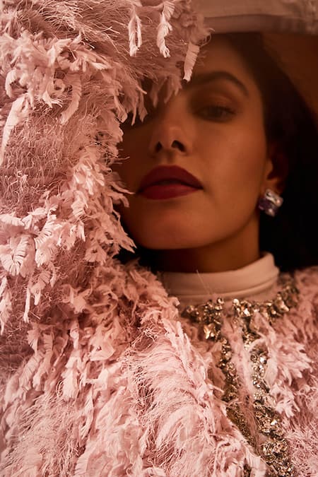 Buy_Label Deepika Nagpal_Pink Crystals, Beads Round Neck Layla Faux Fur Jacket _Online_at_Aza_Fashions