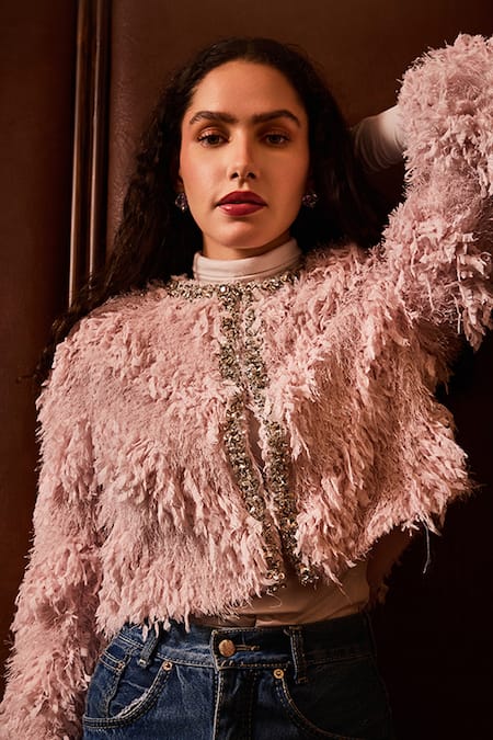 Shop_Label Deepika Nagpal_Pink Crystals, Beads Round Neck Layla Faux Fur Jacket _Online_at_Aza_Fashions
