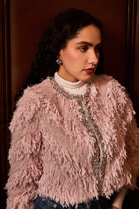 Label Deepika Nagpal_Pink Crystals, Beads Round Neck Layla Faux Fur Jacket _at_Aza_Fashions