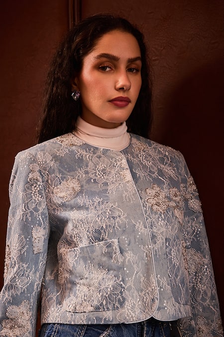 Label Deepika Nagpal_Blue Denim, Lace Beads, Sequins Round Neck Adara Embellished Cropped Jacket _Online_at_Aza_Fashions