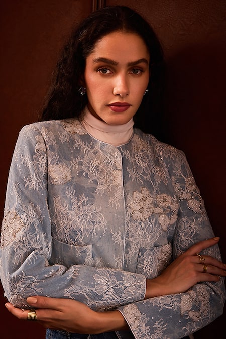 Label Deepika Nagpal Adara Lace Embellished Cropped Jacket 