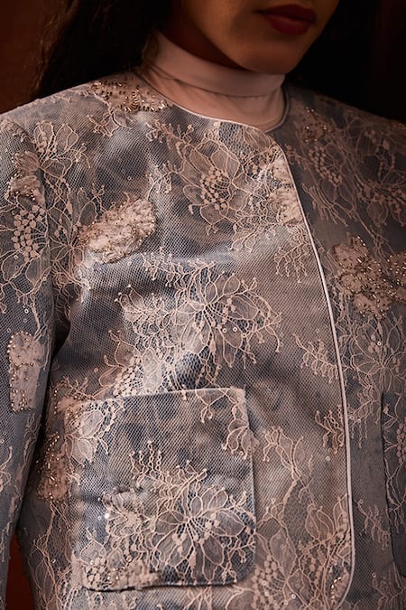 Buy_Label Deepika Nagpal_Blue Denim, Lace Beads, Sequins Round Neck Adara Embellished Cropped Jacket _Online_at_Aza_Fashions