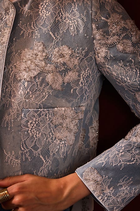 Shop_Label Deepika Nagpal_Blue Denim, Lace Beads, Sequins Round Neck Adara Embellished Cropped Jacket _Online_at_Aza_Fashions