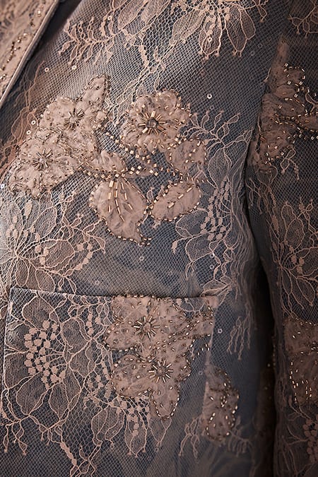 Label Deepika Nagpal_Blue Denim, Lace Beads, Sequins Round Neck Adara Embellished Cropped Jacket _at_Aza_Fashions