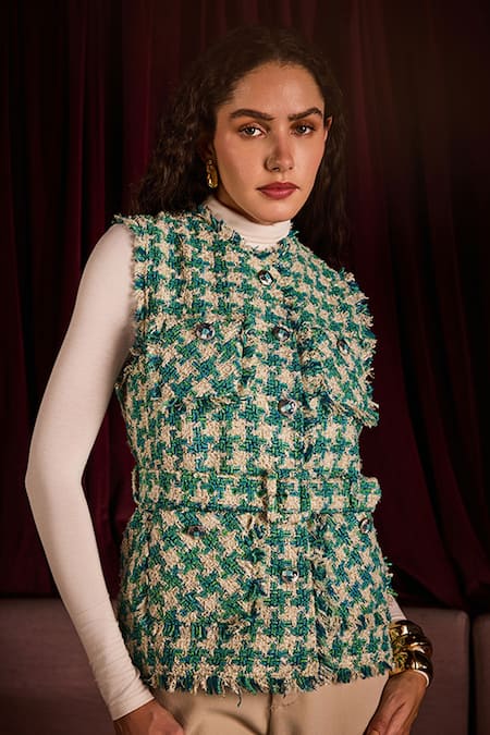 Label Deepika Nagpal Romy Tweed Houndstooth Jacket With Belt 