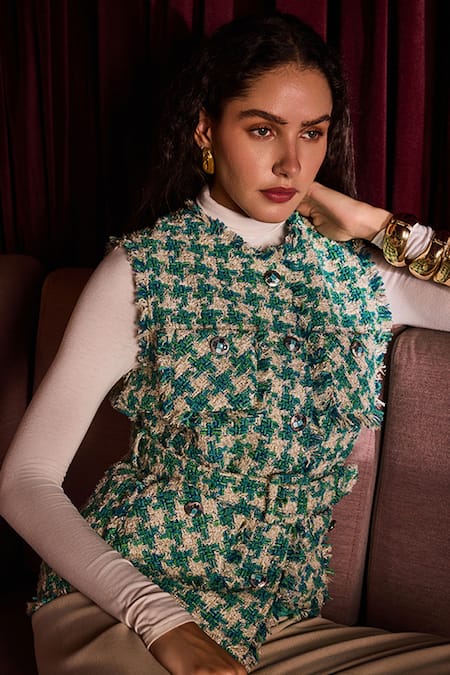 Label Deepika Nagpal_Green Tweed Fringe, Studs Round Neck Romy Houndstooth Jacket With Belt _Online_at_Aza_Fashions