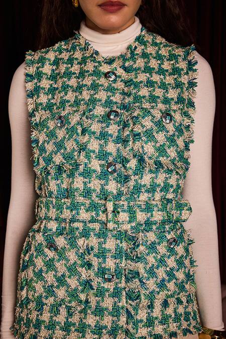 Buy_Label Deepika Nagpal_Green Tweed Fringe, Studs Round Neck Romy Houndstooth Jacket With Belt _Online_at_Aza_Fashions