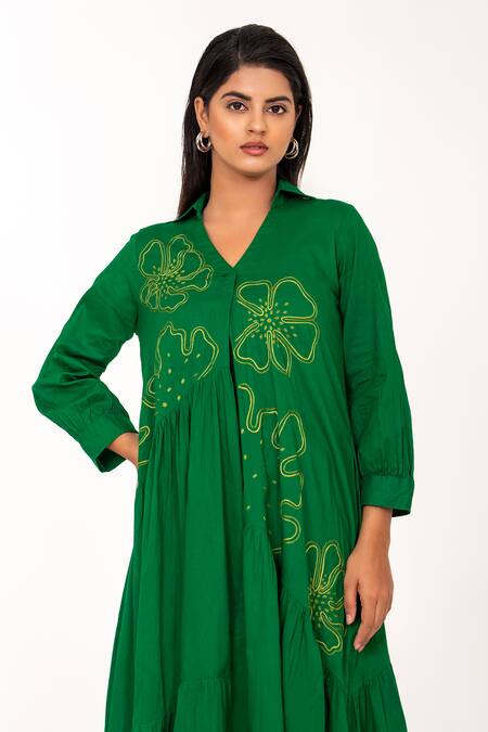 K-Anshika_Green Cotton Embroidery V-neck, Collared Resham Floral Tiered Midi Dress _Online_at_Aza_Fashions