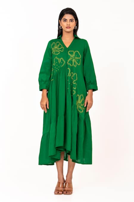 K-Anshika Resham Embroidered Floral Tiered Midi Dress 