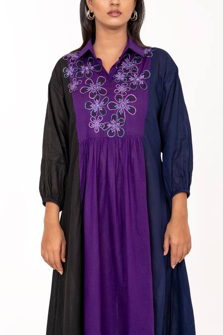 K-Anshika_Black Cotton Embroidery Collared, V-neck Colorblock Resham Midi Dress _Online_at_Aza_Fashions