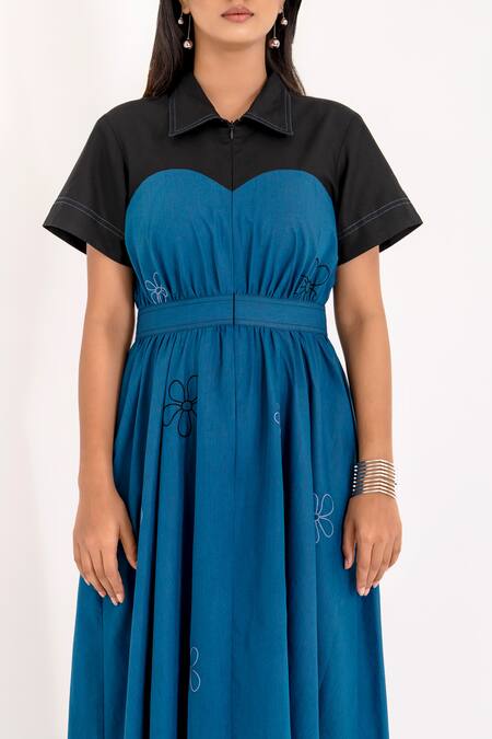 K-Anshika_Blue Embroidery Collared, Sweetheart Neck Resham Midi Dress _Online_at_Aza_Fashions