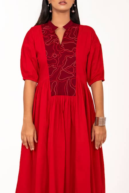 K-Anshika_Red Cotton Embroidery V-neck, Collared Resham Yoke Midi Dress _Online_at_Aza_Fashions
