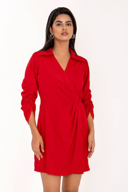 K-Anshika_Red Cotton V-neck, Collared Wrap Dress _Online_at_Aza_Fashions