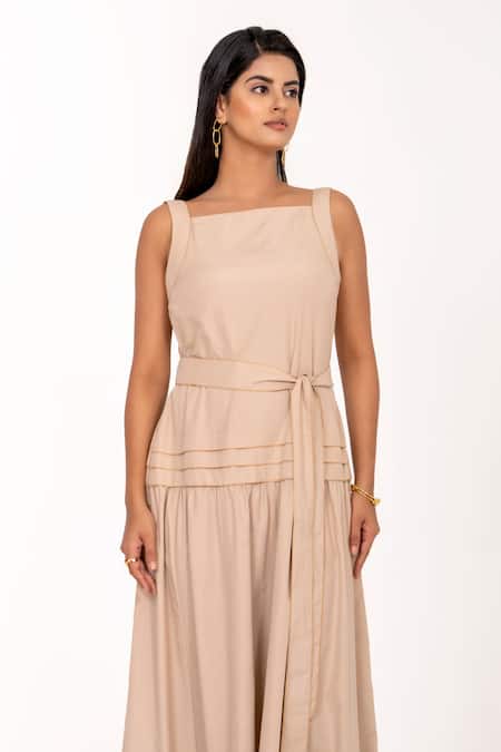 K-Anshika_Beige Cotton Square Neck Tiered Maxi Dress With Belt _Online_at_Aza_Fashions