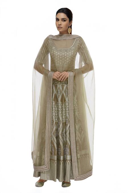 Neha Khullar Beige Net, Silk, Brocade Embellished Anarkali With Dupatta 