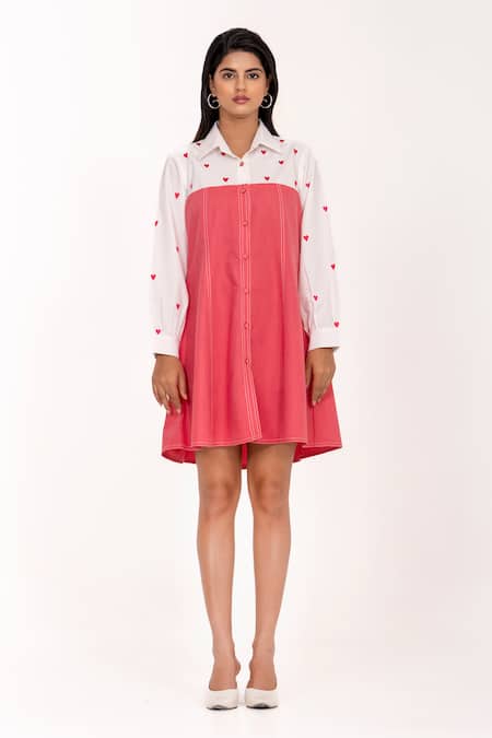 K-Anshika_Red Embroidery Collared, Button-down Neck Resham Heart Shirt Dress _Online_at_Aza_Fashions