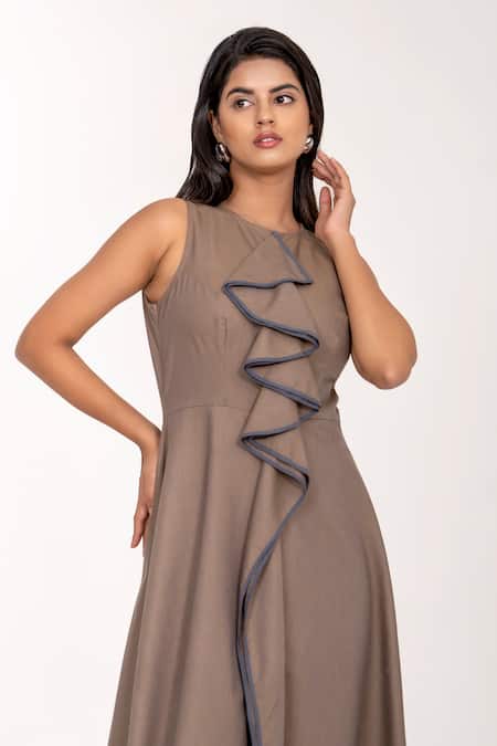 K-Anshika_Brown Round Neck Ruffle Detail Sleeveless Maxi Dress _Online_at_Aza_Fashions