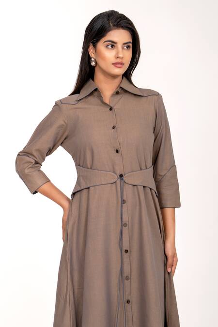 K-Anshika_Brown Collared, Button-down Neck Midi Dress _Online_at_Aza_Fashions