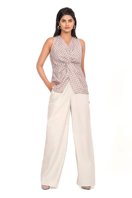 K-Anshika Plaid Knot Front Top & Wide Leg Trouser Set 