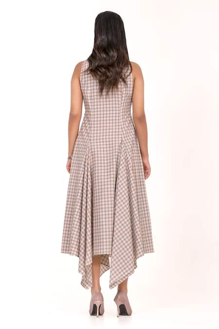 K-Anshika Checked Sleeveless Asymmetrical Hem Midi Dress 
