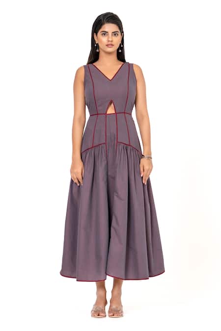 K-Anshika_Purple V-neck Panelled Cut-out Maxi Dress _Online_at_Aza_Fashions
