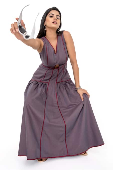 K-Anshika_Purple V-neck Panelled Cut-out Maxi Dress _at_Aza_Fashions
