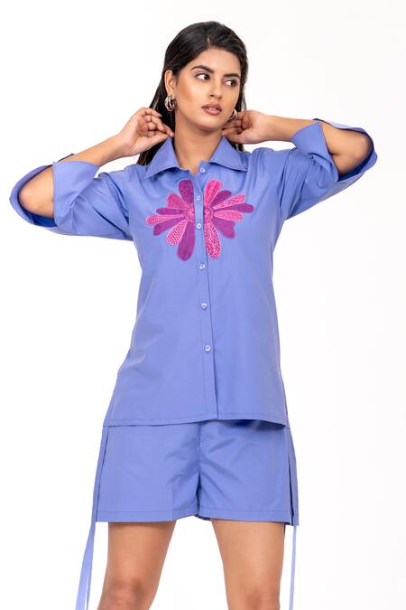 K-Anshika_Sky Blue Cotton Embroidery Collared Resham Shirt With Shorts _Online_at_Aza_Fashions