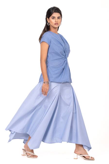 Buy_K-Anshika_Blue Round Neck Stripes Pattern Knot Top And Asymmetrical Skirt Set _Online_at_Aza_Fashions