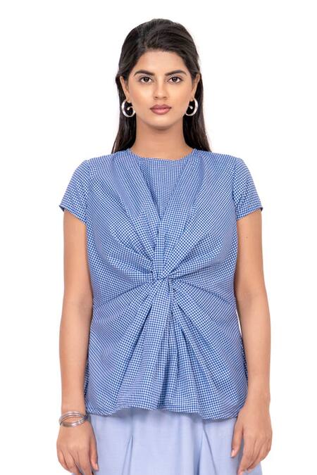 Shop_K-Anshika_Blue Round Neck Stripes Pattern Knot Top And Asymmetrical Skirt Set _Online_at_Aza_Fashions