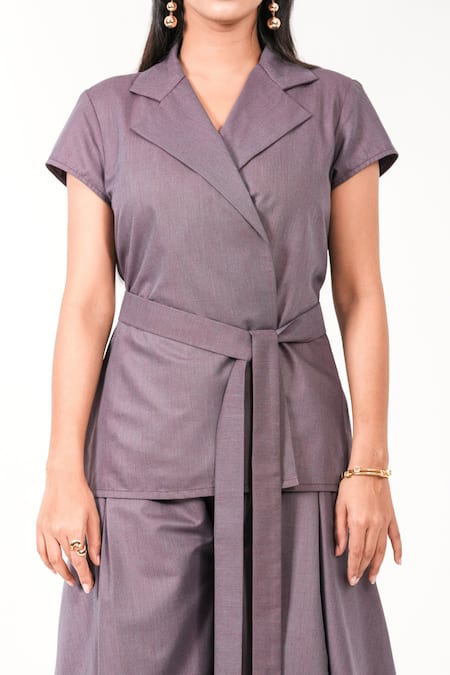 K-Anshika Purple Collared, V-neck Wrap Style Top And Cowl Pant Set Online at Aza Fashions K-Anshika_Purple Collared, V-neck Wrap Style Top And Cowl Pant Set _Online_at_Aza_Fashions